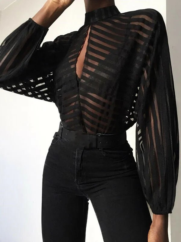 Top Mesh Gestreift Schwarz